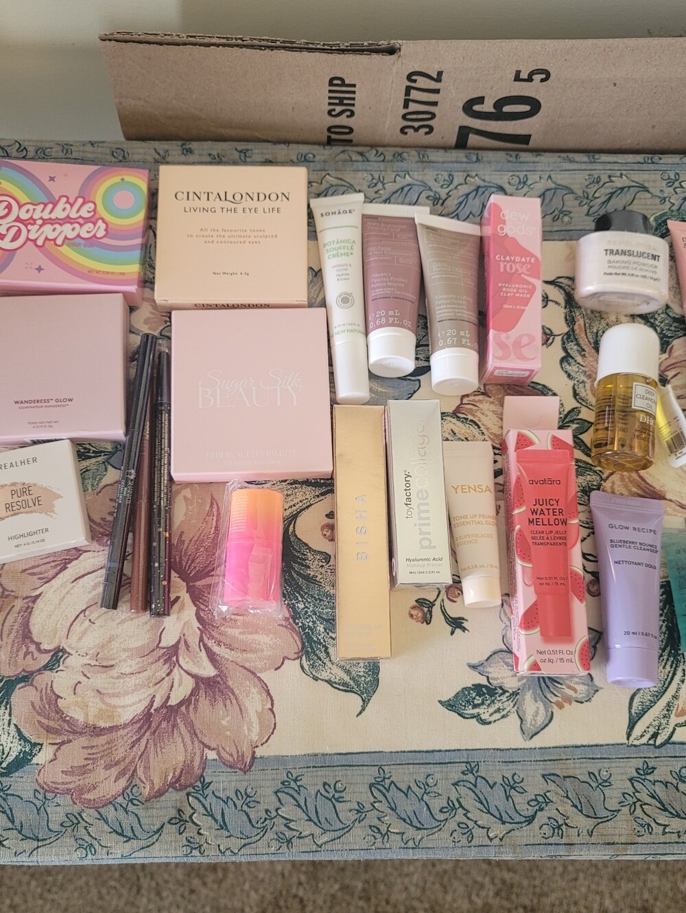 mixed lot of Skincare And Makeup Inside Satin Lavender Cosmetic Pouch